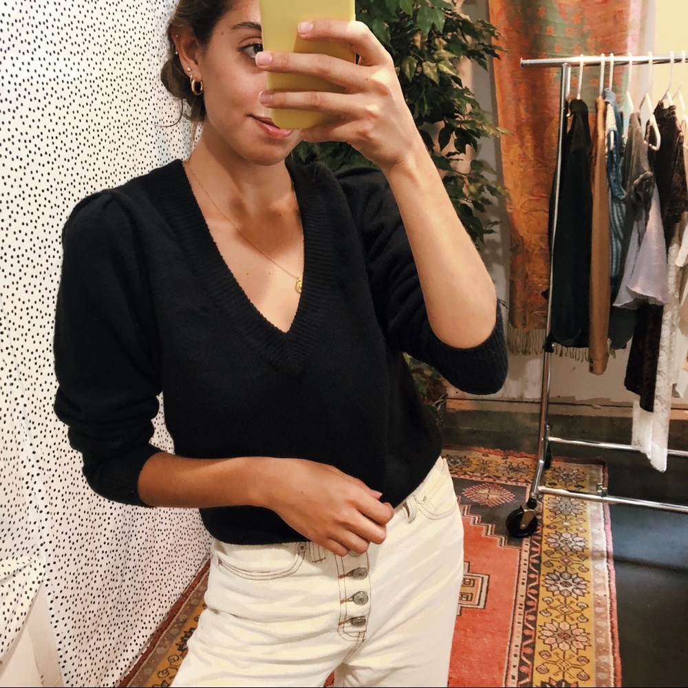 Madewell Black Puff Sleeve V-Neck Sweater xxs